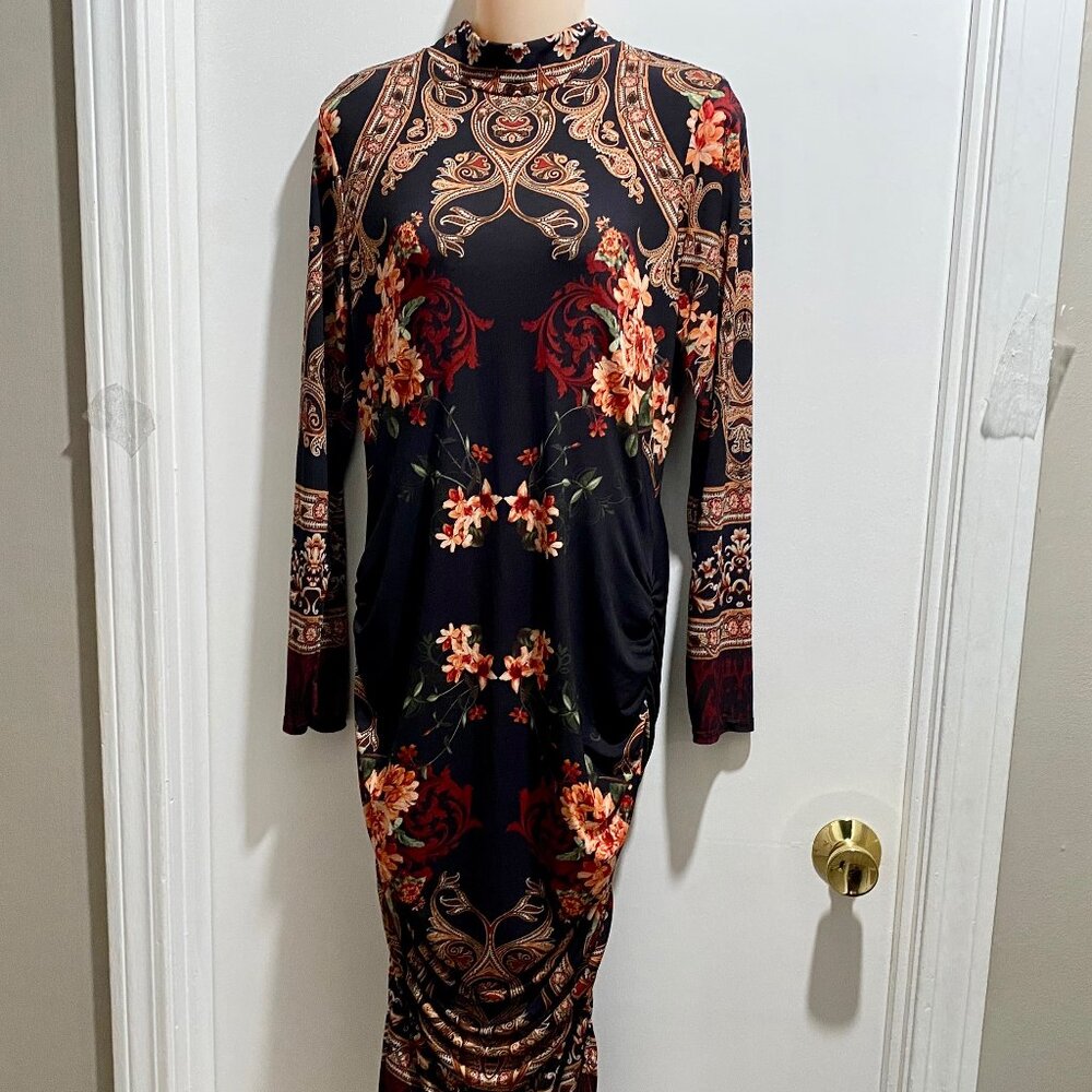 Venus Flowers Geometric Print Ruched Sides Bohemian Romantic Fairy Midi Dress L